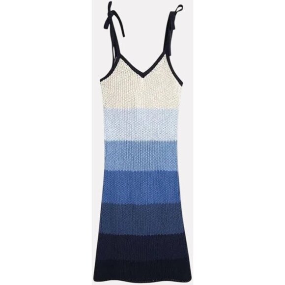NWT Zara Knit Crochet Midi Dress M Color Block Cream Blue Bow NEW V Neck Bow - Picture 4 of 10